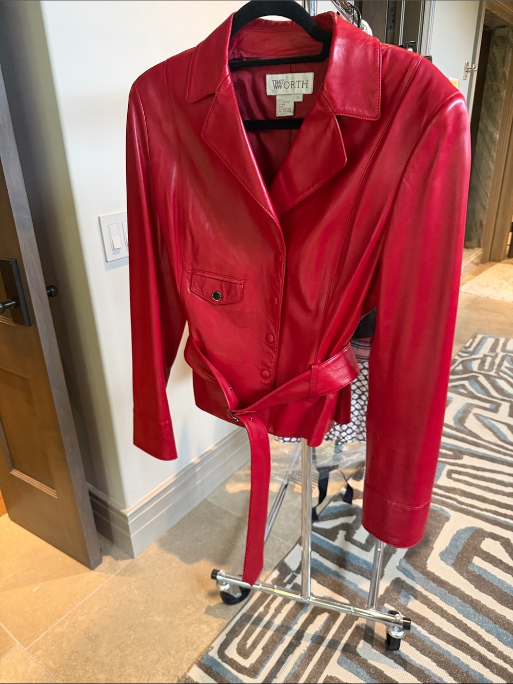 Worth Red Leather Belted Jacket - Women's